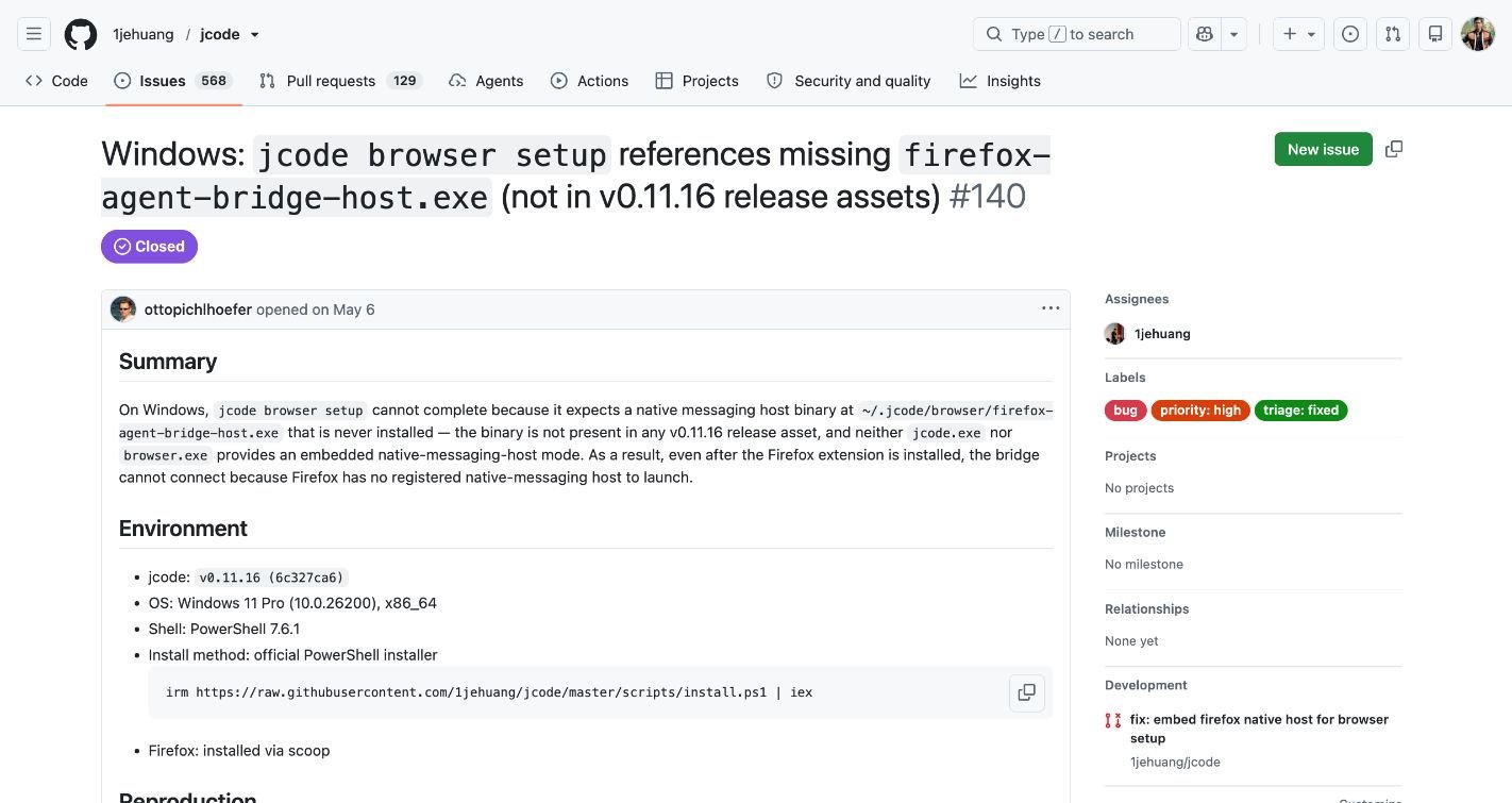 Original GitHub issue 140 with the missing native host report and affected v0.11.16 version