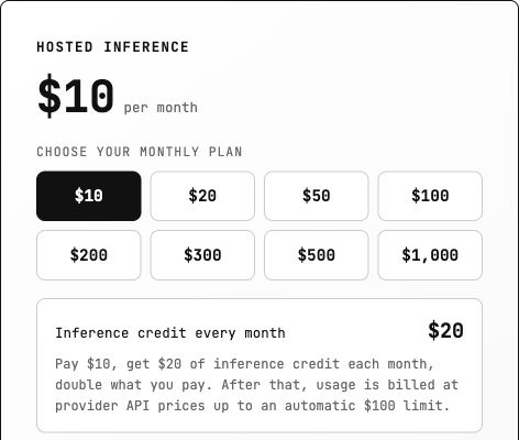 The official hosted card shows the selected $10 plan, $20 credit and additional usage limit.
