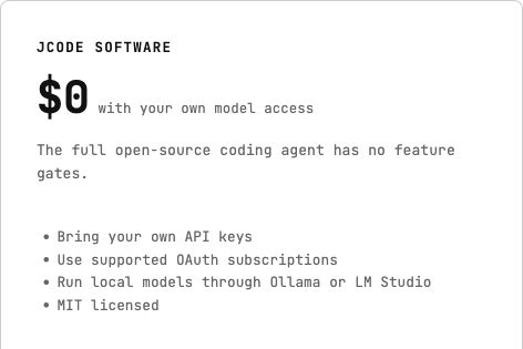 Jcode’s official software card shows $0 with my own model access.
