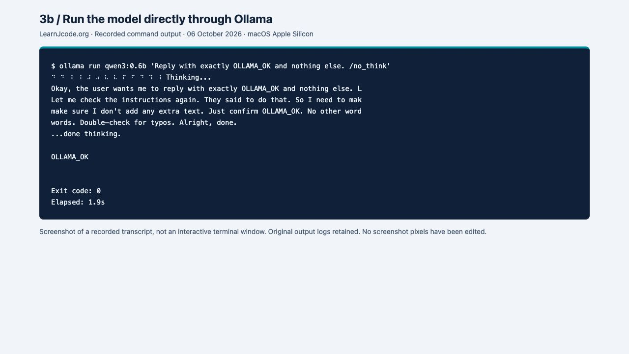 Direct Ollama output returned OLLAMA_OK. The original spinner and thinking output remain visible.