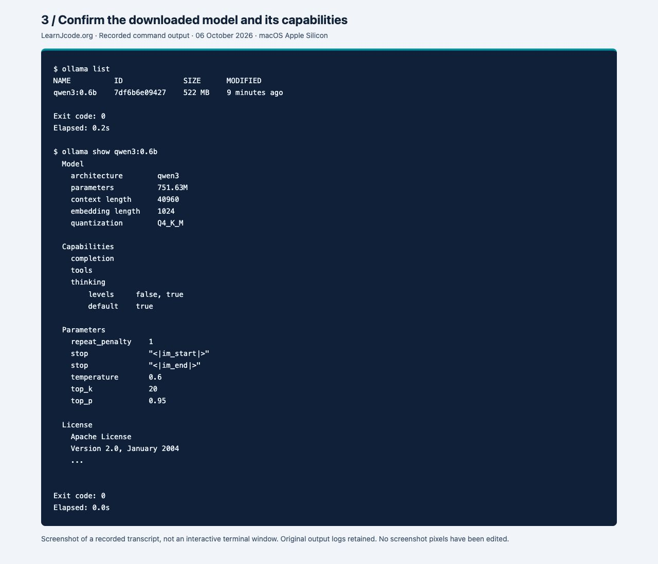 The rectangle marks the exact installed model tag. The model declares tool support, but that declaration does not prove that Jcode’s tool-loop test will pass.