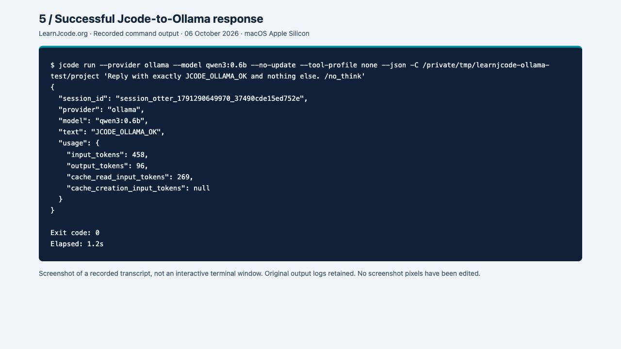 Successful response proof. The rectangle marks the returned JCODE_OLLAMA_OK text; provider, model and exit code identify the actual route used.