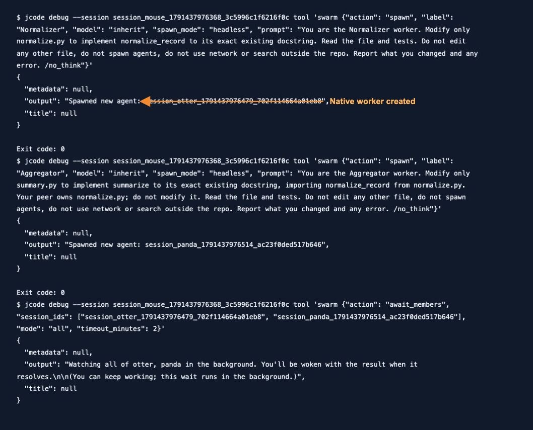 Native worker created — actual Jcode test output