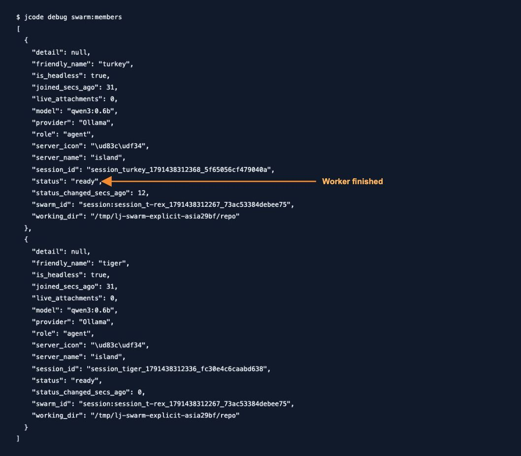 Worker finished — actual Jcode test output