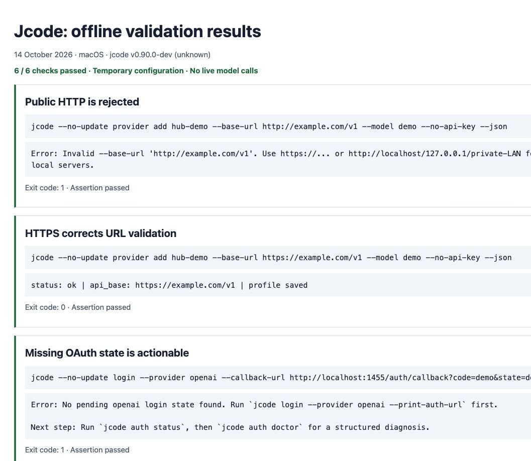 Screenshot of actual offline jcode validation results, including HTTP rejection, HTTPS acceptance and missing OAuth state