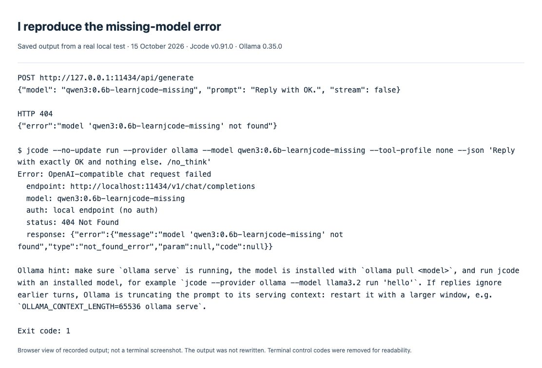 My local reproduction shows the missing tag, HTTP 404 and Jcode exit code 1.
