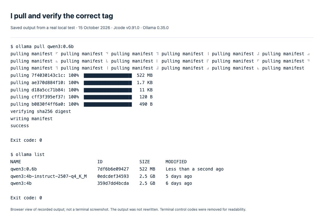 The correct-tag pull finishes with success and exit code 0, followed by the installed model list.