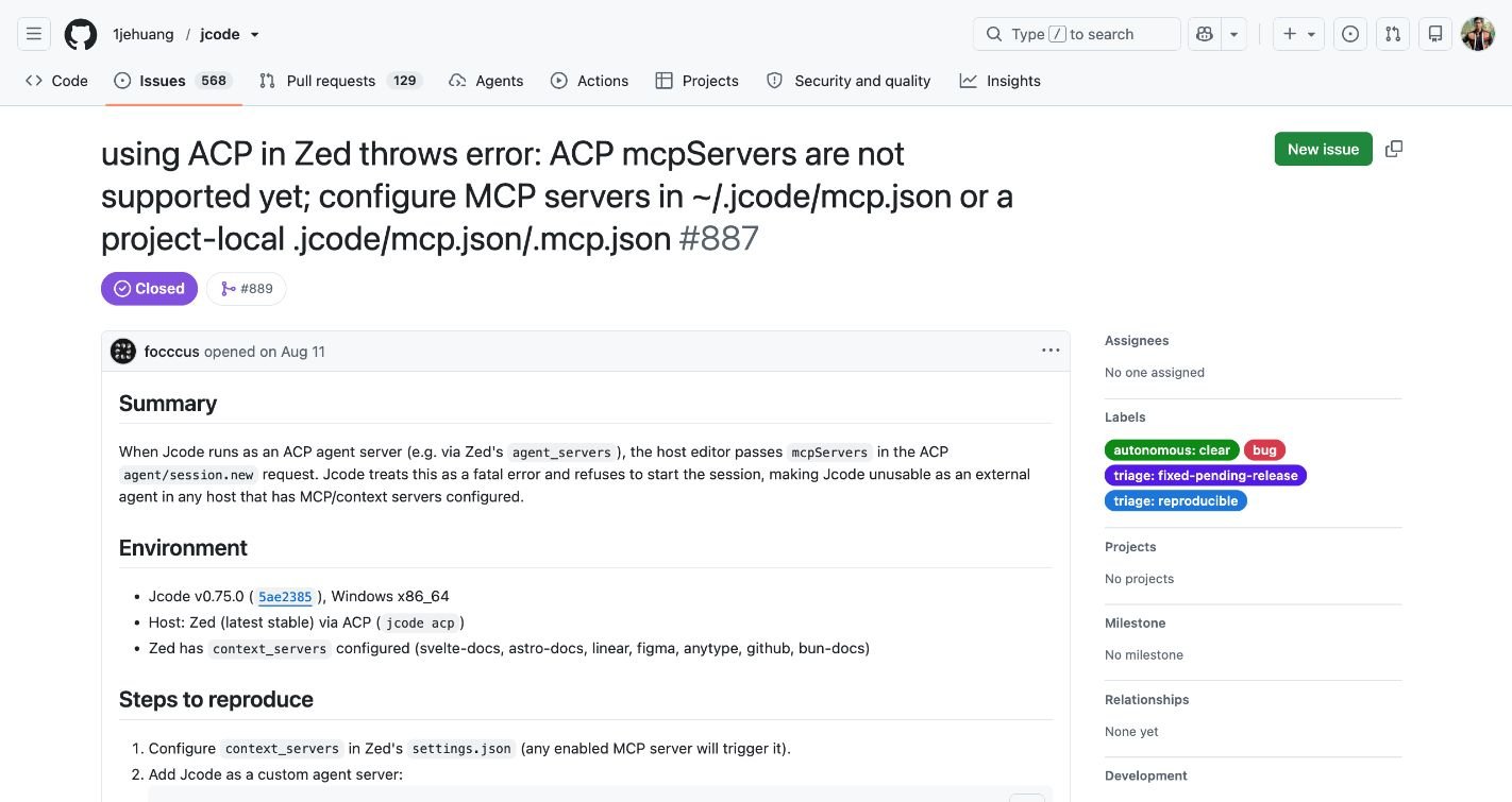 Original GitHub issue 887 showing Closed, linked change 889, and affected Jcode v0.75.0